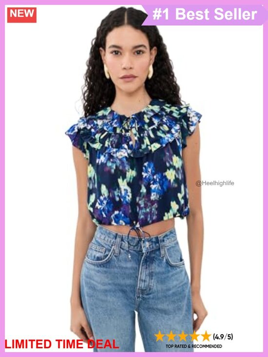 Tops - Silk Charmeuse Floral Ruffle Gathered Blouse Drawstring Short Flutter Sleeve